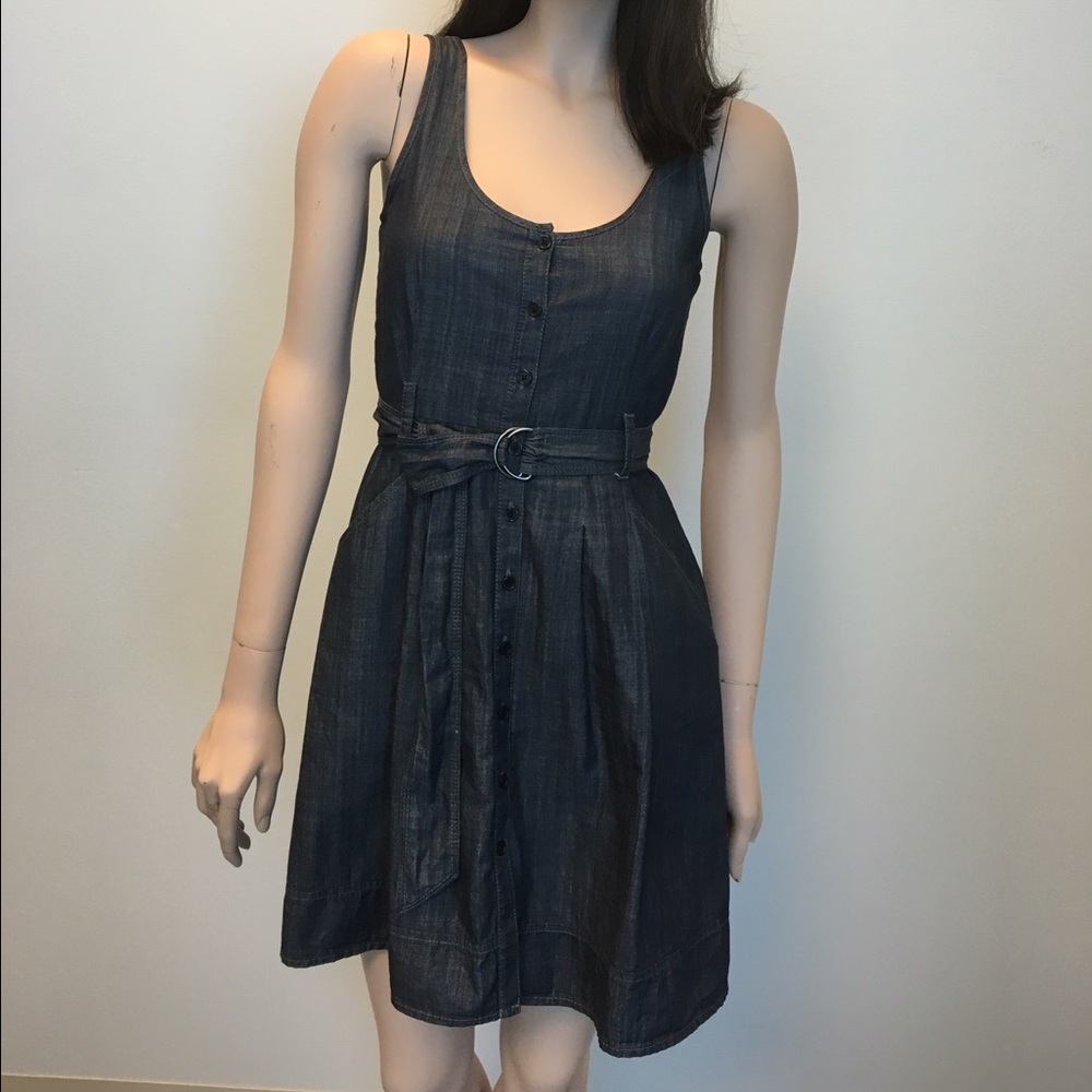 Theory Dark Denim Blue Sleeveless Midi Dress with Belt